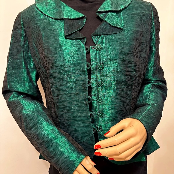 Frascara Fancy Sequin buttons Peacock Green Jacquard silk jacket Size 8 - Picture 1 of 6
